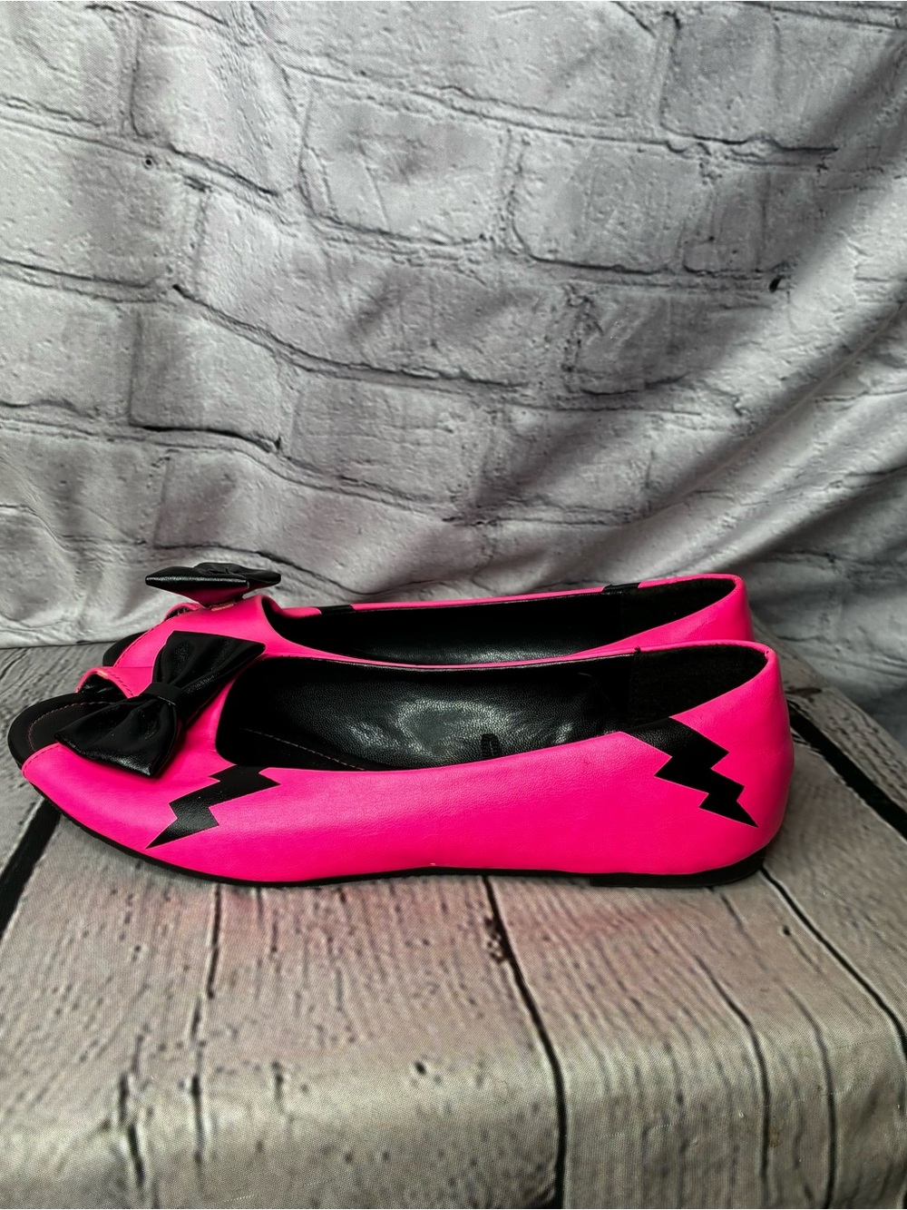 TUK Barbie Neon Pink Punk Rock Goth Rockabilly Peep Toe Ballet Flats Bow 7.5-8